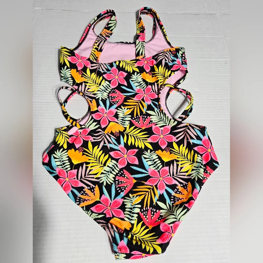 Cat & Jack Girls Floral One Piece Swimsuit L 10/12 Cutout Sides Criss Cross Trop